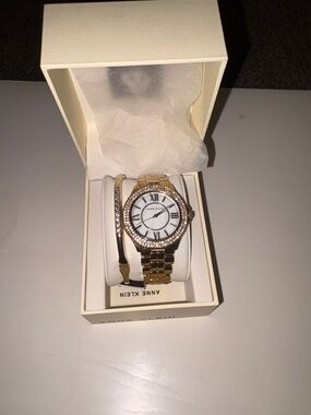 Anne Klein Gold and White Crystal-Trim Bracelet Watch with Bangle